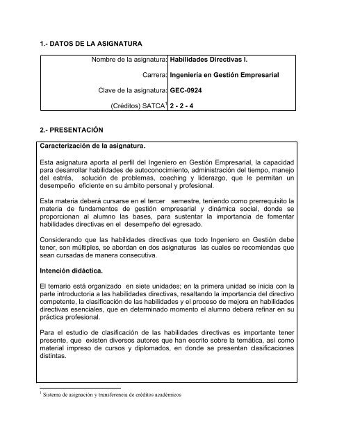 (CrÃ©ditos) SATCA Habilidades Directivas I. - Instituto TecnÃ³logico de ...