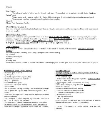 2010-11 Dear Parents, The following is a list of school supplies for ...