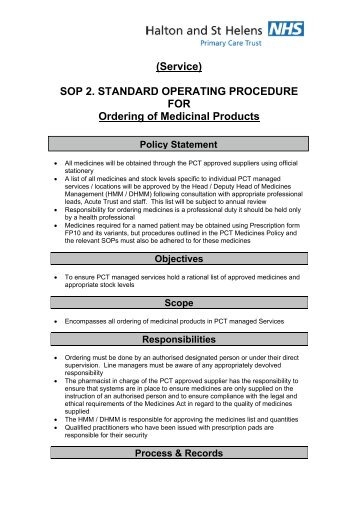 SOP 2 - Ordering Medicinal Products - Halton and St Helens PCT