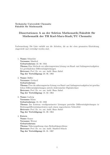 Dissertationen A an der Sektion Mathematik/Fakultät für Mathematik ...