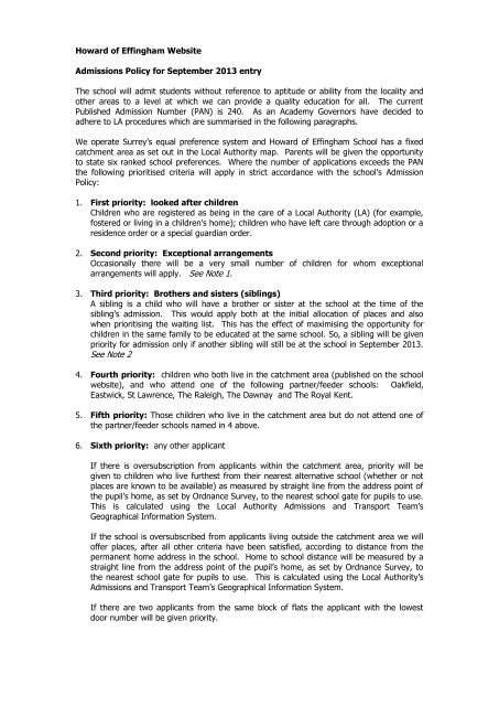 Admissions Policy for September 2013 entry - Howard of Effingham