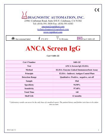 ANCA Screen IgG - Diagnostic Automation : Cortez Diagnostics