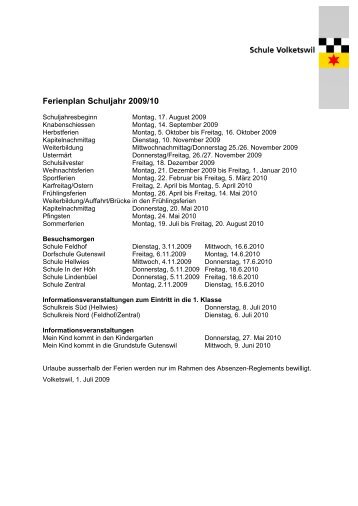Ferienplan Schuljahr 2009/10 - Volketswil