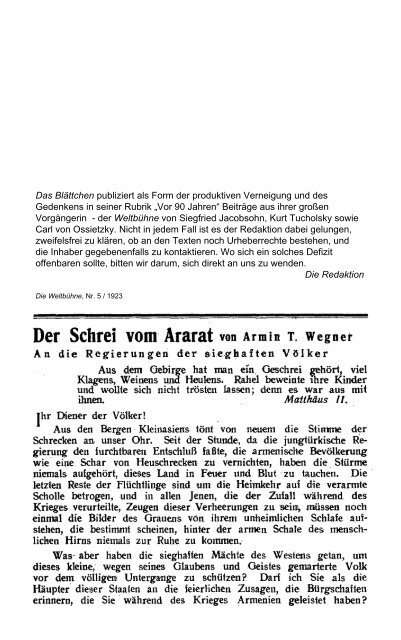 Armin T. Wegner . . . . . Der Schrei vom Ararat - Das BlÃ¤ttchen