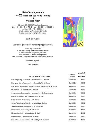 List of Arrangements for 20 note Sankyo Pling - Plong of Winfried Klein
