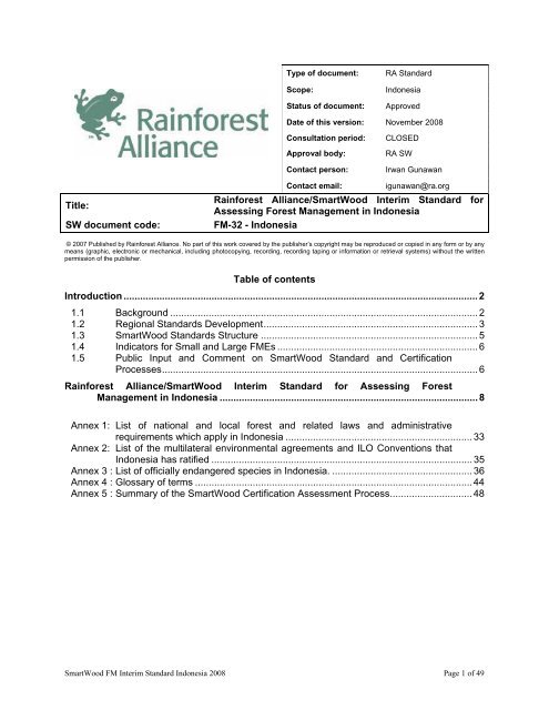 Title: Rainforest Alliance/SmartWood Interim Standard for Assessing ...
