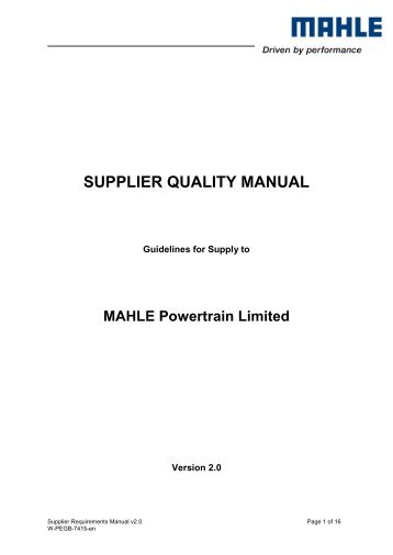 SUPPLIER QUALITY MANUAL - Mahle Powertrain Ltd