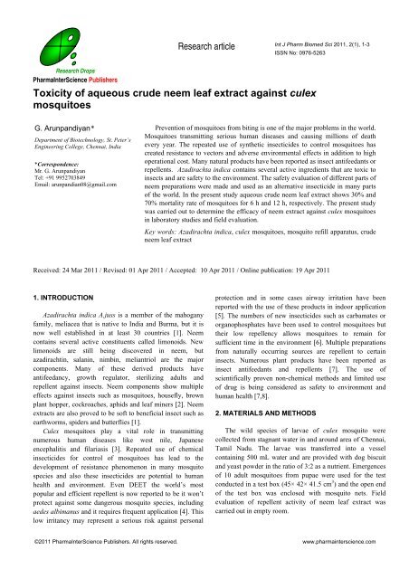 Toxicity of aqueous crude neem leaf extract against culex mosquitoes