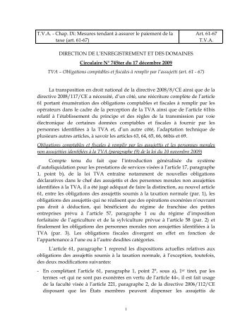 circulaire 745ter - Administration de l'Enregistrement et des Domaines