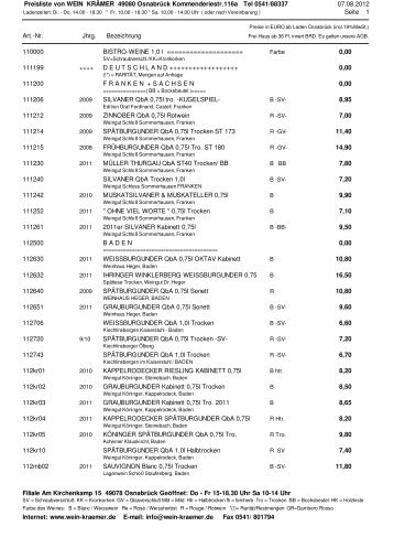 Preisliste von WEIN KRÃMER 49080 OsnabrÃ¼ck Kommenderiestr ...