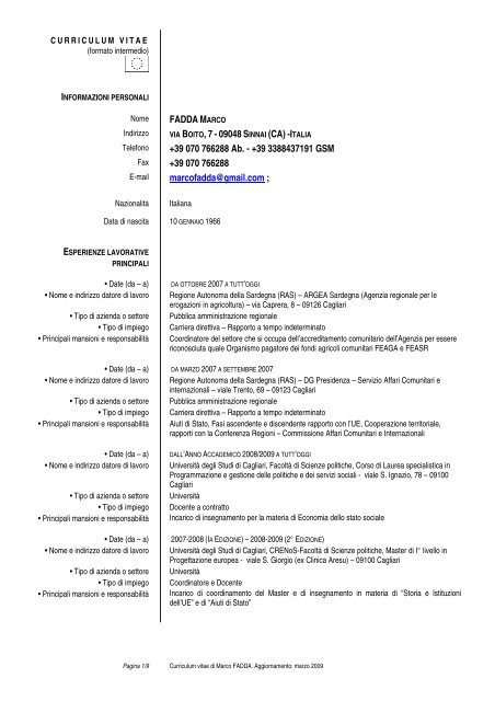 Curriculum Scienze Politiche Universita Degli Studi Di Cagliari