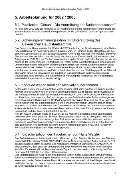 5. Arbeitsplanung für 2002 / 2003 - +++ Sudetendeutsches Archiv +++