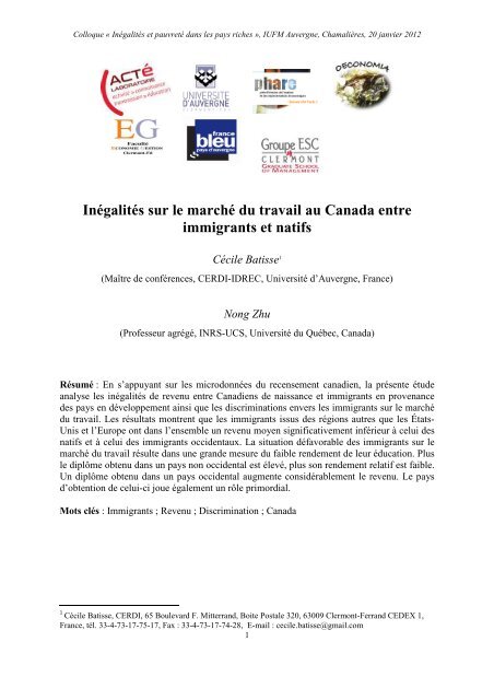 InÃ©galitÃ©s sur le marchÃ© du travail au Canada entre ... - Oeconomia.net
