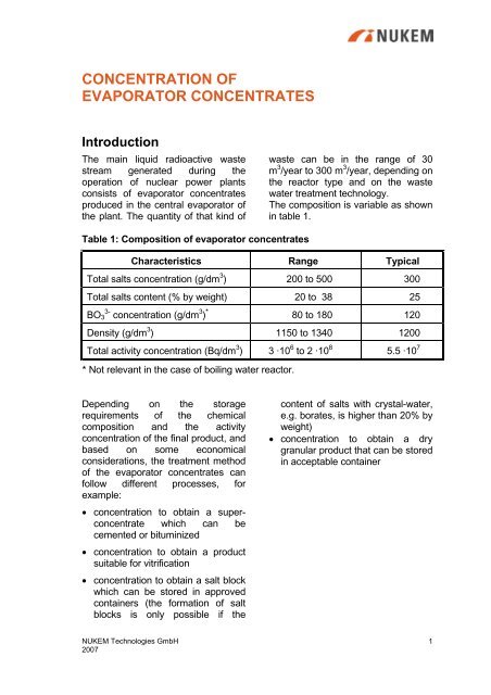 Concentration of Evaporator Concentrates - NUKEM Technologies