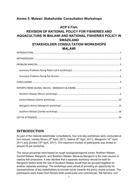 Malawi Report on 4 Stakeholder workshops - ACP Fish II
