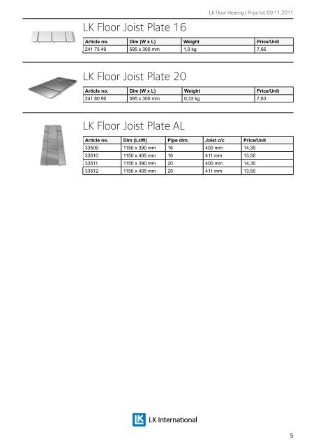 LK Floor Heating Price list 2011/2012 - LK Systems AB