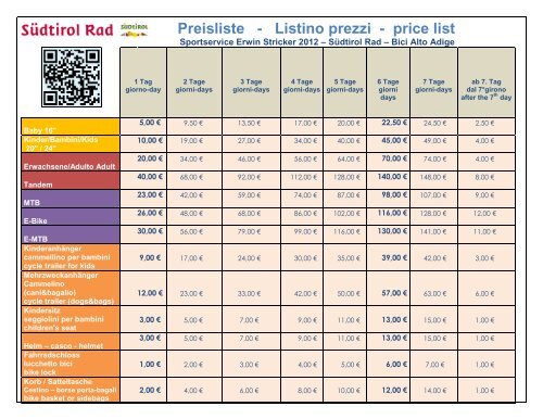 Preisliste - Listino prezzi - price list - Südtirol Rad