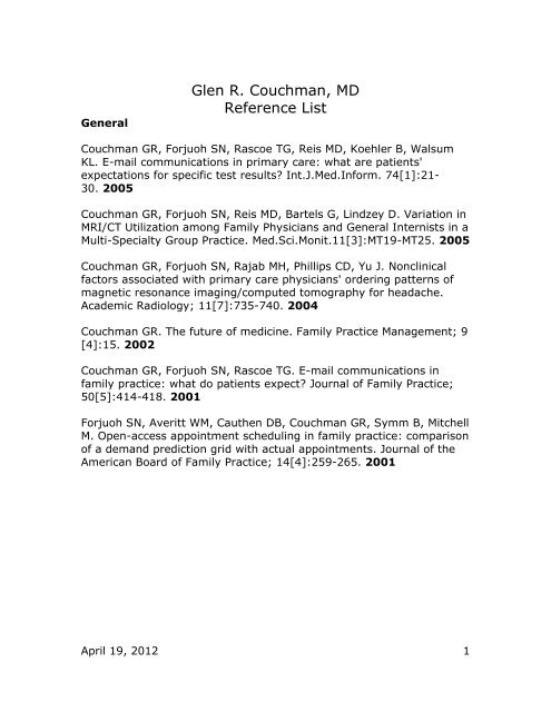 Glen R. Couchman, MD Reference List