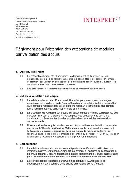 RÃ¨glement pour l'obtention des attestations de ... - INTERPRET