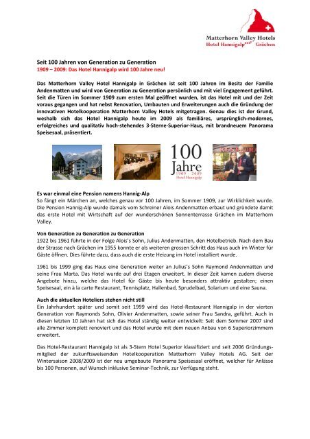 Geschichte des Hotels (PDF) - Matterhorn Valley Hotels