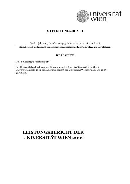 LEISTUNGSBERICHT DER UNIVERSITÄT WIEN 2007
