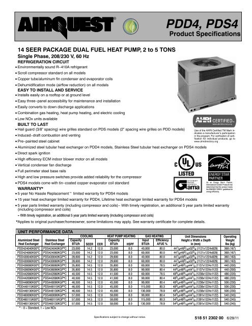 PDD4 / PDS424-60 14 SEER R-410A 1 Phase Specifications