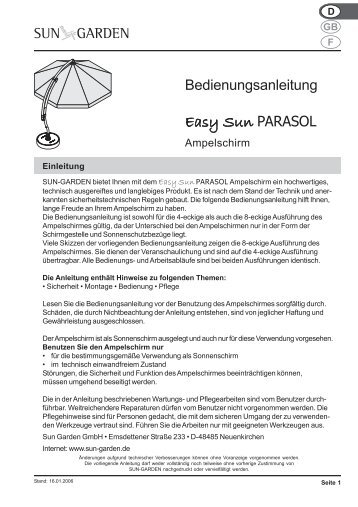 Bedienungsanleitung Easy Sun PARASOL JUNIOR - SUN GARDEN ... Bedienungsanleitung Easy Sun PARASOL JUNIOR - SUN GARDEN ...