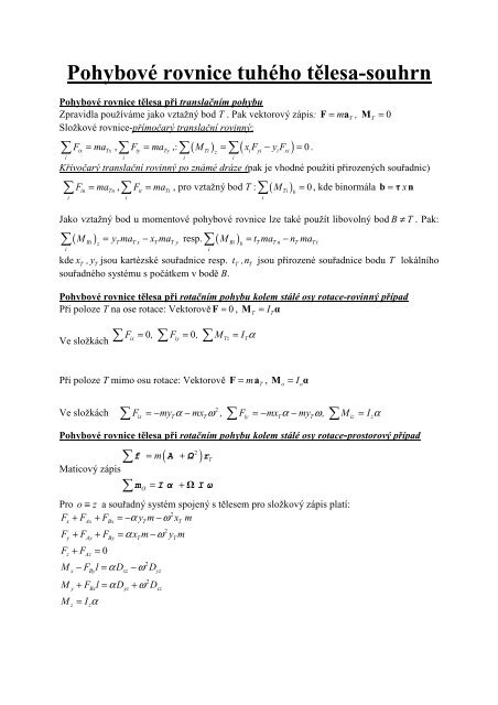 Dynamika-Přehled Pohybových Rovnic pro Těleso