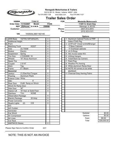 Trailer Sales Order - Westside Motorcoach