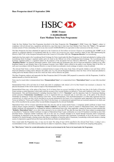 Hsbc France A 20 000 000 000 Euro Medium Term Note Programme