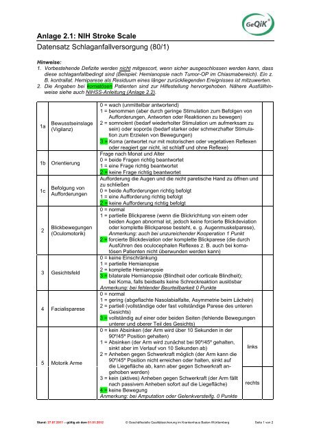 Anlage 2.1: NIH Stroke Scale Datensatz ... - GeQiK