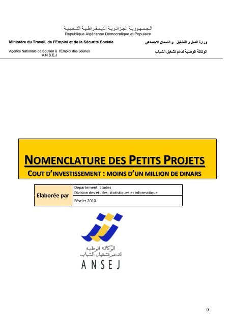 NOMENCLATURE DES PETITS PROJETS COUT D - ANSEJ