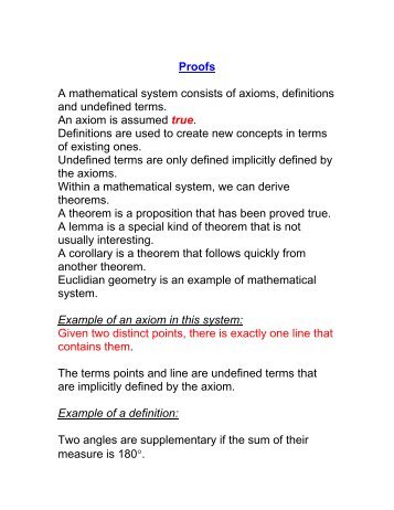 Proofs A mathematical system consists of axioms, definitions and ...