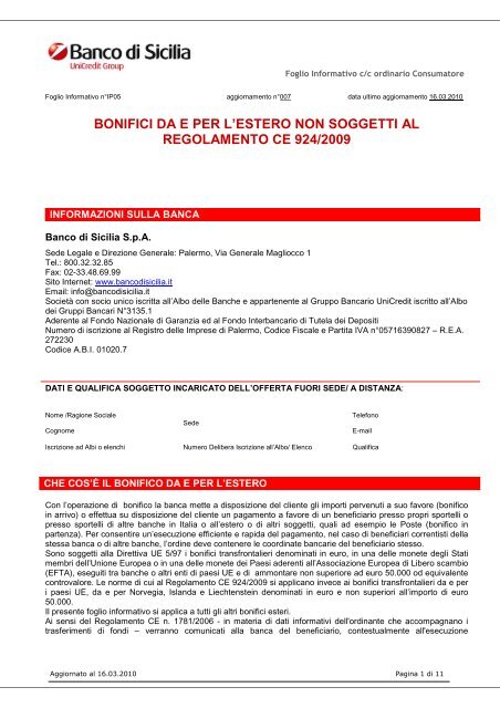 BONIFICI DA E PER L'ESTERO NON SOGGETTI AL - Unicredit