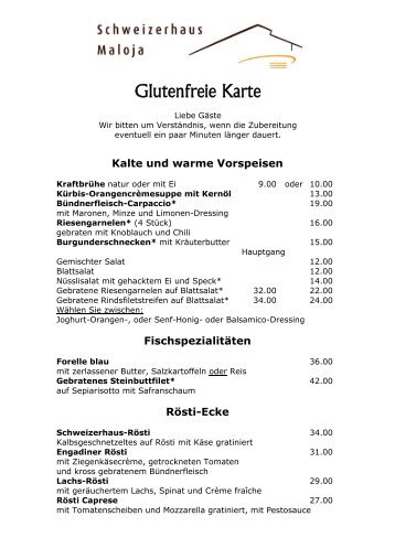 Glutenfreie Karte - Hotel Maloja Schweizerhaus