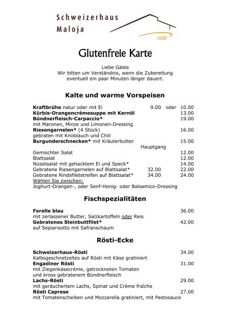 Glutenfreie Karte - Hotel Maloja Schweizerhaus