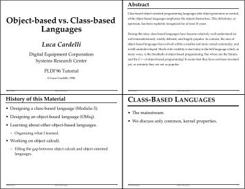 Object-based vs. Class-based Languages - Luca Cardelli