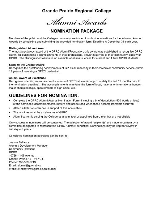 Nomination Package For Alumni Awards Grande Prairie Regional