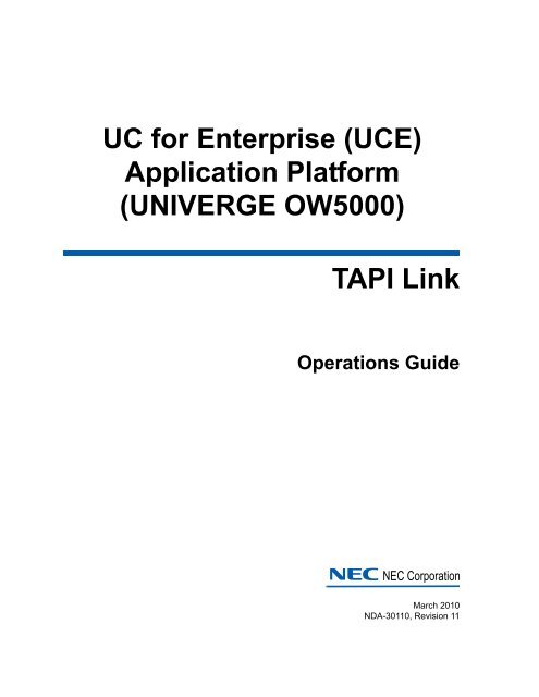 OW5000 TAPI Link Operations Guide - NEC Corporation of America