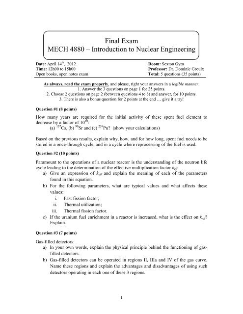 Final Exam MECH 4880 â Introduction to Nuclear Engineering