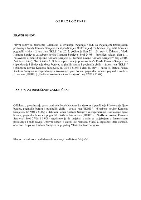 Izvjestaj IKRE.pdf - SkupÅ¡tina Kantona Sarajevo - Vlada Kantona ...