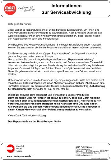 Informationen zur Serviceabwicklung - Mast Pumpen GmbH