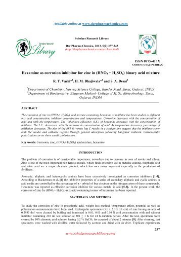 Hexamine as corrosion inhibitor for zinc in (HNO3 + H2SO4) binary ...