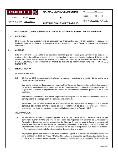 MANUAL DE PROCEDIMIENTOS E INSTRUCCIONES ... - ProlecGE