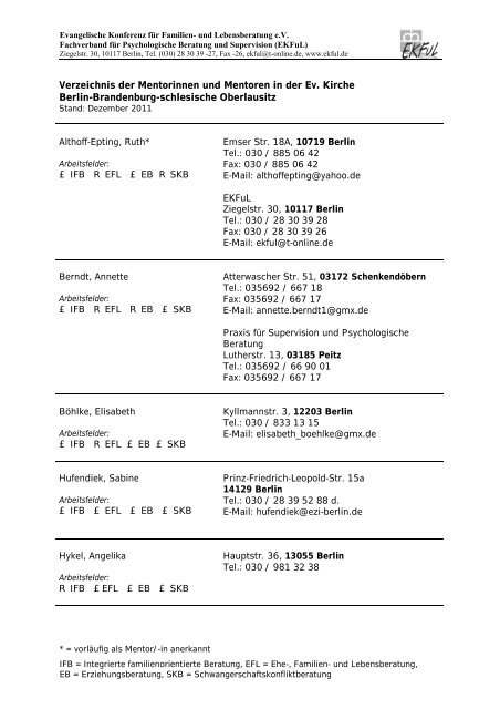 Verzeichnis der Mentorinnen und Mentoren in der Ev ... - EKFuL