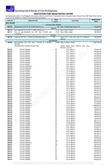 DBP foreclosed properties and acquired assets for sale