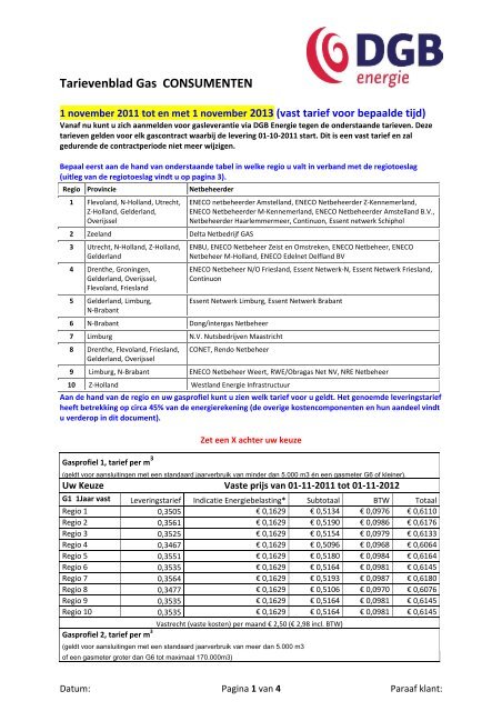 Tarievenblad Gas CONSUMENTEN - DGB energie