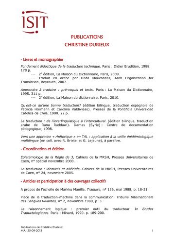 PUBLICATIONS CHRISTINE DURIEUX - Isit