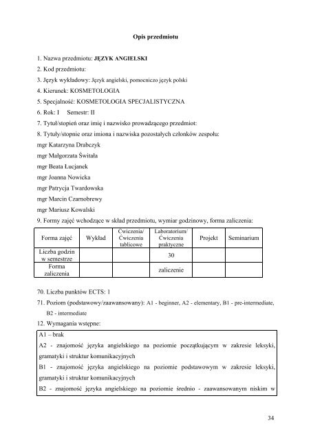 opisy przedmiotÃ³w - PaÅstwowa WyÅ¼sza SzkoÅa Zawodowa w Nysie