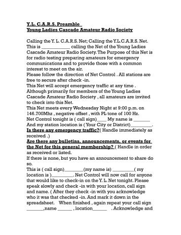 YL Net Preamble - Cascade Amateur Radio Society